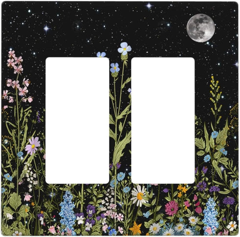 Boho Wild Flowers Herbs Floral Light Switch Cover Plate, Vintage Black Starry Sky Moon Wall Plate