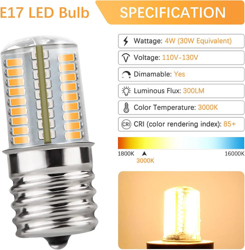 DiCUNO E17 LED Bulb Dimmable, 4W Warm White 3000K for Under Microwave Oven, 2-Pack