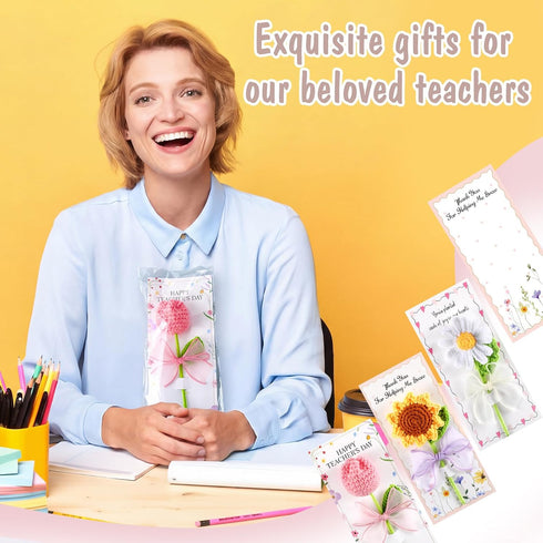 6 Set 5.91" Frienda Teacher Appreciation Gifts Crochet Flowers with Greeting Cards and Bows Knitted Sunflowers Daisy