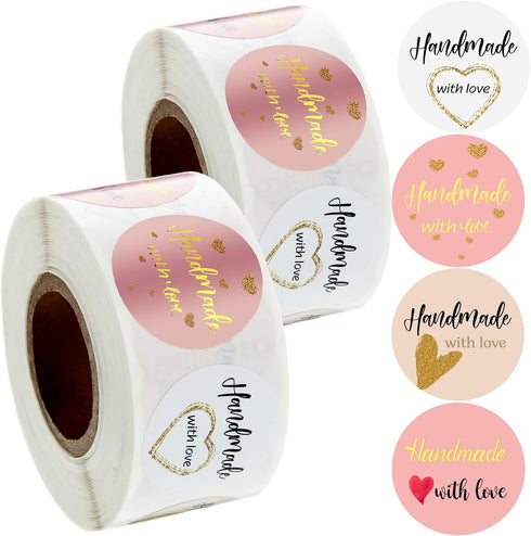 Outus 1000 Pieces Handmade with Love Stickers - 1 Inch Foil Homemade Baking Labels for Weddings and Parties