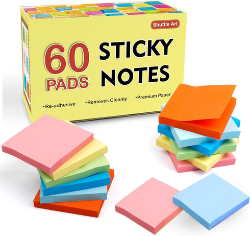 Sticky Notes, Shuttle Art 60 Pads Bright Stickies, 3x3 Inches, 100 Sheets/Pad for Home, School, Office