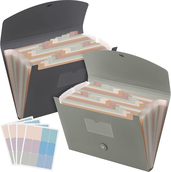 Harloon 2 Pack Expanding File Folder with 24 Pockets, Cover Labels, Organizer for A4 Paper Document Storage (Gray, Dark