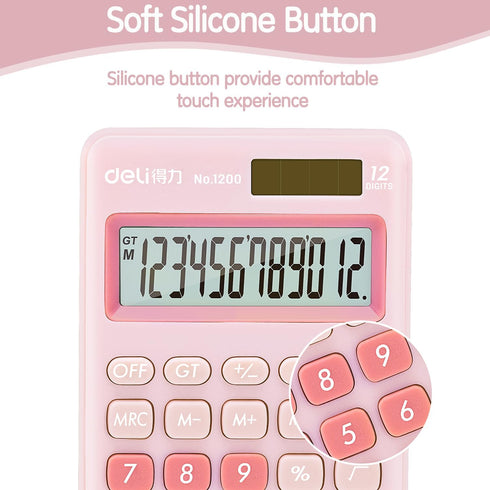 Deli Standard Function Basic Calculator, 12 Digit Desktop Calculator, Pink, Large LCD Display, Solar Battery Dual Power