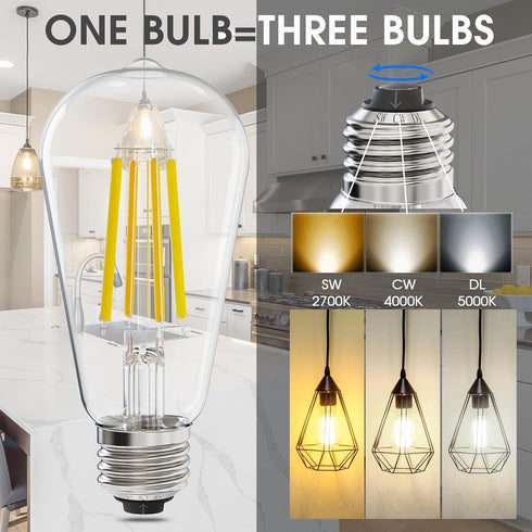 E ENERGETIC LIGHTING ST58/ST18 LED Filament Bulbs, 3CCT, 2700K/4000K/5000K, 7W (60W Equivalent), High Brightness, E26,