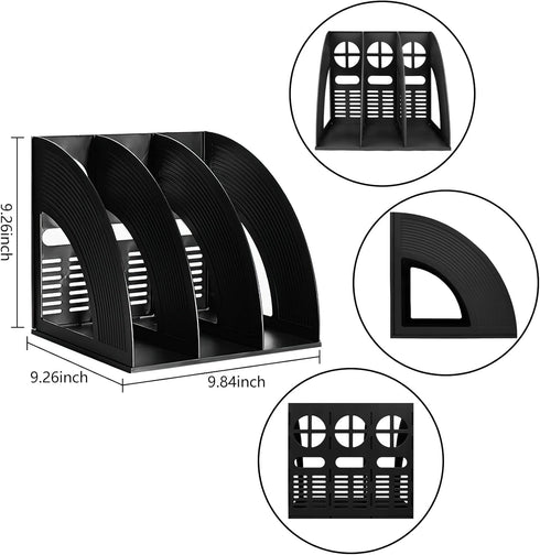 Marte Vanci Magazine File Holder, Sturdy Plastic Storage Organizer, Vertical 3 Section Folder for Desktop, Black