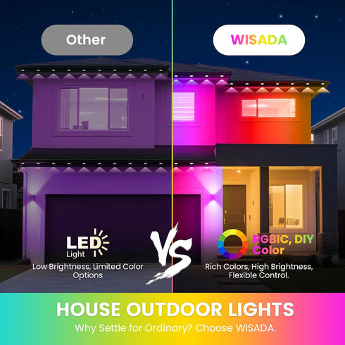 Wisada IP67 (50 RGB IC Outdoor String Lights, Permanent Outdoor Lights for House with Remote, DIY via App for Music