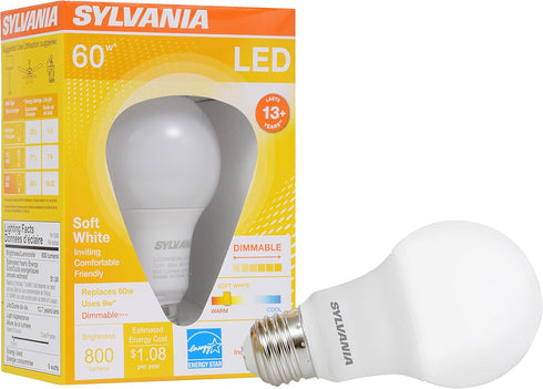 Sylvania A19 LED Light Bulb, 9W, 60W Equivalent, 13 Years, Dimmable, 800