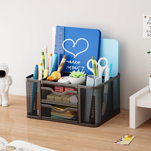 Marbrasse Mesh Desk Organizer, Pen Organizer with 2 Drawers, 5 Compartments for Office Art Supplies, Black