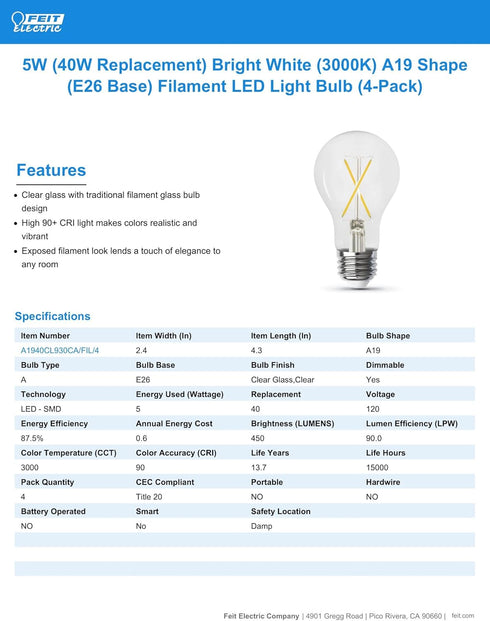 Feit Electric LED Clear A19 Light Bulb - 40W Equivalent, 450 Lumen, 3000K Bright White, 4-Pack