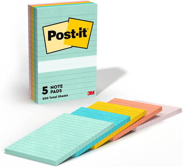 Post-it Notes, 4 in x 6 in, 5 Lined Sticky Note Pads, 100 Sheets per Pad, Beachside Café Collection