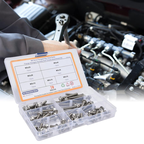 Flanged Hex Head Bolts Assortment Kit, 70 Pcs M5 Flange Hexagon Screws, Stainless Steel Hardware Accessory