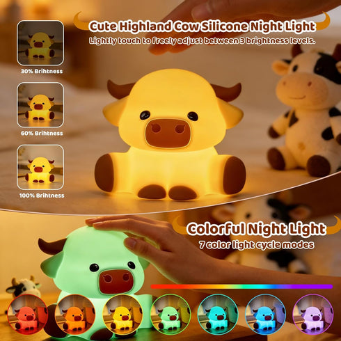 7 Dimmable Cute Highland Cow Night Light, LED Touch Silicone Lamp for Bedroom with Colors Timer and Squishy