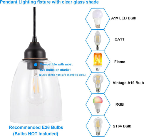 E26 Bulbs 2-Pack Pendant Lighting Fixture, Hanging Ceiling Lights with Medium Base, Metal Construction with Clear Glass