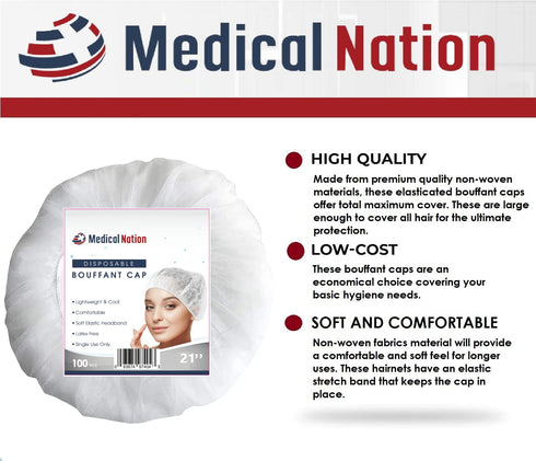 24" |100 Pack, 24" MEDICAL NATION Hair Net Disposable Bouffant Caps White| Hairnets, Hair Cover, Non-Pleated Unisex |