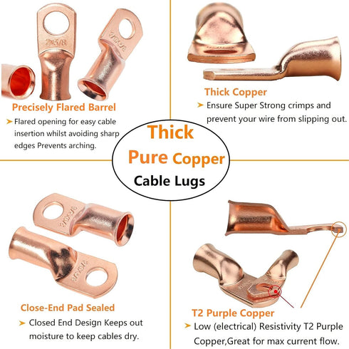 SVAAR 1/0 Copper Lugs, 1/0 AWG-3/8 Ring Lugs, Heavy Duty Closed End Lugs, 10PCS 0 Gauge Lugs + 10PCS Heat Shrink Tube