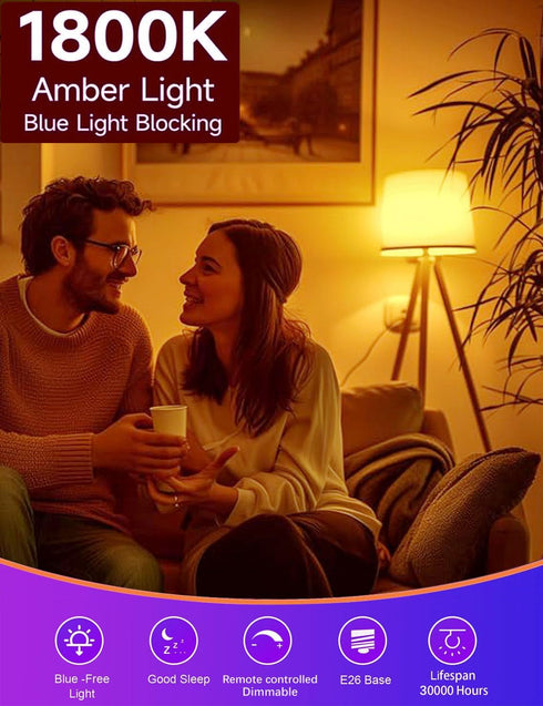 Bulb 660nm 1800K 10W A19 Bulb, E26 2Pack Red and Amber Sleep with Remote Control Choose Red Light or Amberlight,Timer
