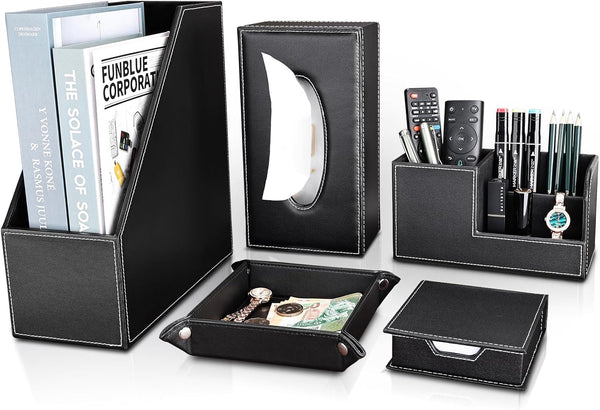 KINGFOM 5 PCS/SET Pu Leather Desk Organizer - File Holder Accessories, Magazine Storage Rack & Pen Holder