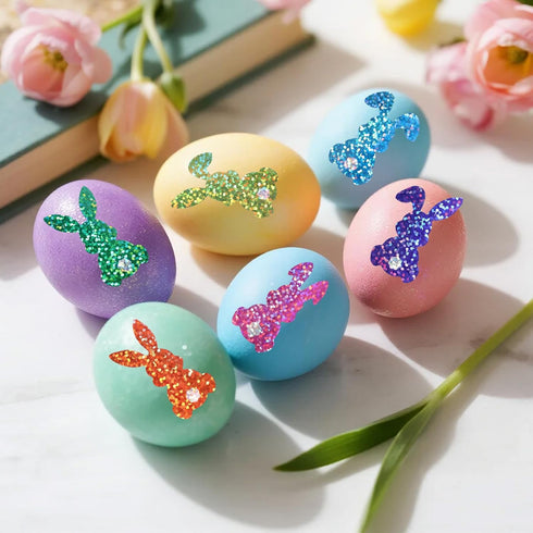 Fukaisu 500pcs 1.1x1.5in 6 Glitter Easter Egg Bunny Stickers, Holographic Rabbit Sticker Roll Colors Envelope Seals