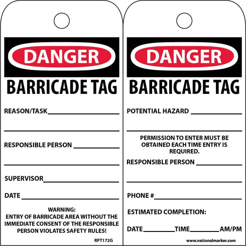 NMC Accident Prevention Tag - "DANGER BARRICADE TAG", 3" Width x 6" Height, Pack of 25