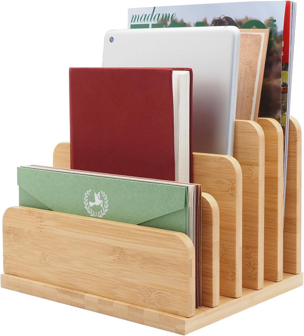 Desk File Mail Organizer, 5 Slots Bamboo Folder Sorter for Letter, Envelope, Paper, Desktop Tray