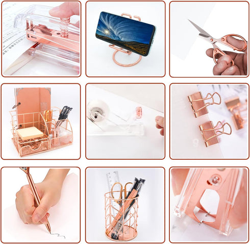 Rose Gold Desk Organizers Set, 13PS Office Supplies with Acrylic Stapler, Tape Dispenser, and Pen Holder