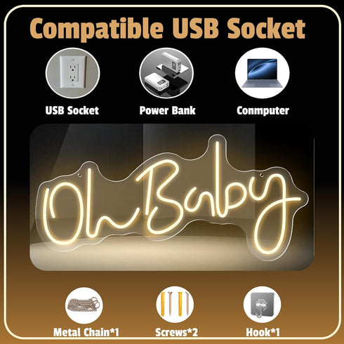 SENYITONWOLD 19.68.6 Inch Oh Baby Neon Sign LED Neon Light, USB Powered Baby Shower Decor for Gender Reveal Nursery