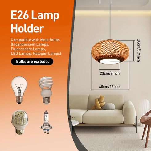 YUASDUU E26 Rattan Pendant Light, Boho Pendant Light Bamboo Pendant Light Handmade Woven Pendant Light Kitchen Island