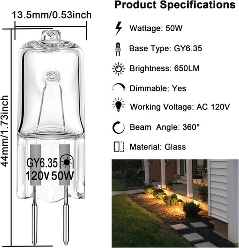 GY6.35 Bulbs, 120V 50W Bulb 2 T4 G6.35 Bulb, Dimmable 2700K 2 Bulb 10 Pack Light Crystal Clear Halogen Pin, JC Bi-Pin