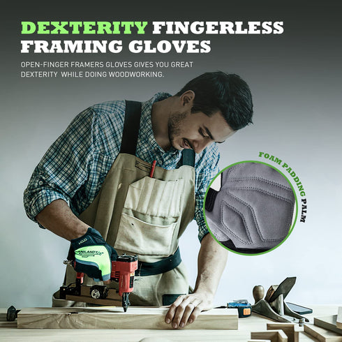 Framer Work Gloves - Fingerless Framing Gloves, Open-Finger Carpenters Gloves, High Dexterity Durable Fit