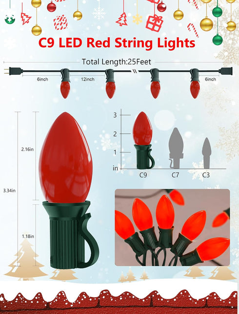 C9 25FT C9 26 Bulbs, LED Red Christmas Lights Outdoor, LED Outdoor String Lights with Shatterproof Red Waterproof