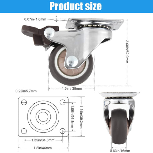 Nefish 1.5 Inch Caster Wheels Rubber Castor with Brake 360 Degree Rotation Top Plate Swivel Casters for Furniture, Table and Toolbox, 300 Pounds Capacity for Set of 4 (Free Screws and Screwdriver)