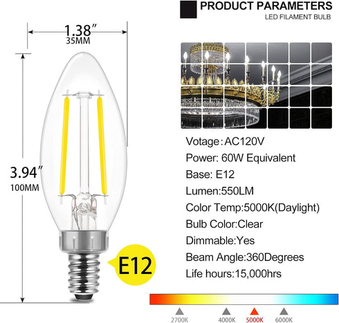 Dimmable E12 Bulb,60 B11 Bulbs, 5000K, 550LM, 5 12pk energetic smarter lighting LED Candelabra Watt Equivalent LED