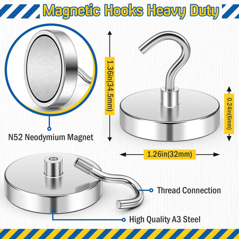 FINDMAG Magnetic Hooks 120lbs, Rare Earth Magnet Hooks Heavy Duty for Hanging, Neodymium Magnet with Hooks for Refrigerator, Home, Kitchen, Office, Cruise (Silver, Pack of 6, Grade N52) by FINDMAG