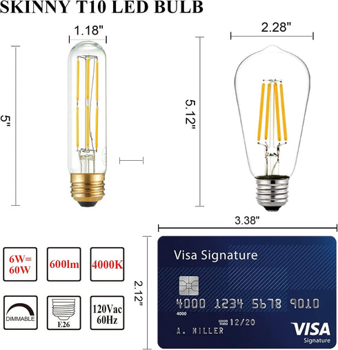 5 Inch Bulb,6W T10 Bulb E26 Bulb 60 dimmable,Neutral 4000K,600lm,CRI85+,AC120V,Clear E26 Bulb,Flicker-Free,Pack 6