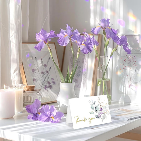 50 Pack 4 6 Inch JarThenaAMCS Greenery Floral Thank You Cards Boxed Purple Flower Greeting Cards with Envelope Sticker