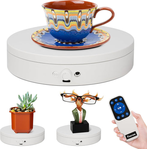 Foxvee Turntable,360 3D Scan(7.87inch/White) Remote-Controlled Motorized Silent Spinning Display Stand,Speed-Adjustable