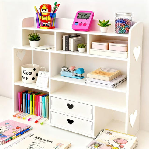 White Heart Drawer Bookshelf, Desktop Organizer with Shelves & Heart-Shaped Drawer for