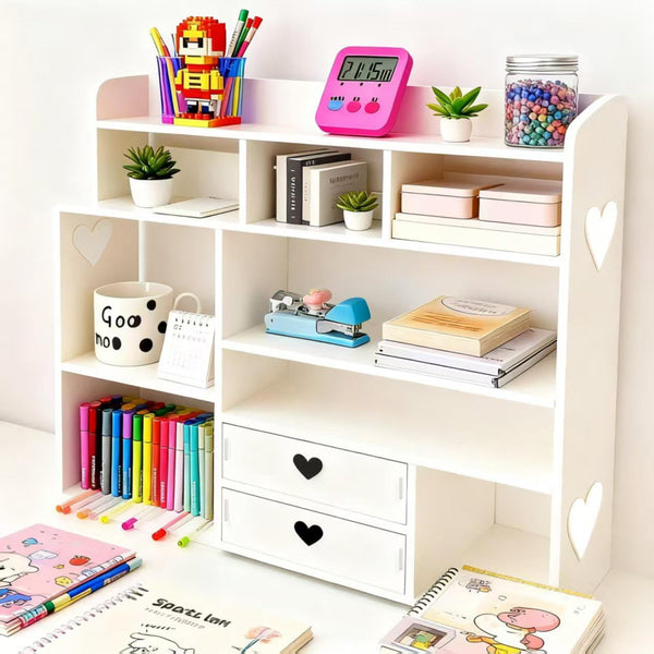 White Heart Drawer Bookshelf, Desktop Organizer with Shelves & Heart-Shaped Drawer for