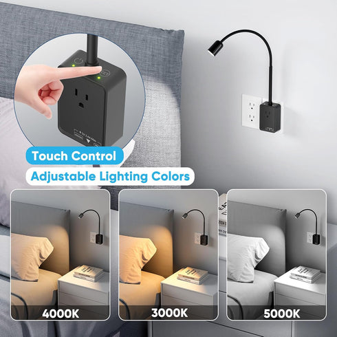 3 Plug in LED Wall Mounted Reading Light, Black Flexible Wall Sconce Spot Light with Power Plug Extension Outlet