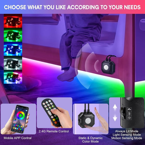 Lights,2x13.12Ft 3 Closet Motion Sensor Under Bed RGB Color LED Strip Lights with Constant On,Motion Activated,Light