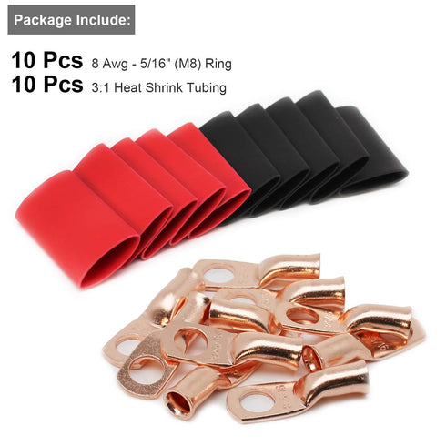 TKDMR 10pcs 8 AWG-5/16 Battery Lugs, Heavy Duty Wire Lugs, Ring Terminals, Battery Cable Ends, 0 Gauge Terminals with
