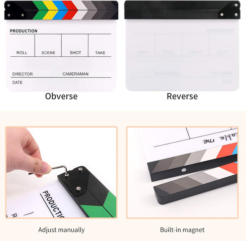 Movie Film Clap Board, Acrylic 10"x12" Dry Erase Director Clapboard with 5 Pcs Erasable Pen for Photography