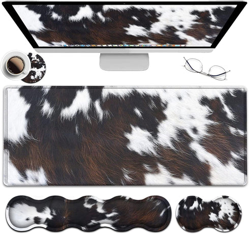 Gaming Mouse Pad XXL Large Desk, Cute Black Cowhide Extended Mousepad with Memory Foam Wrist Rest