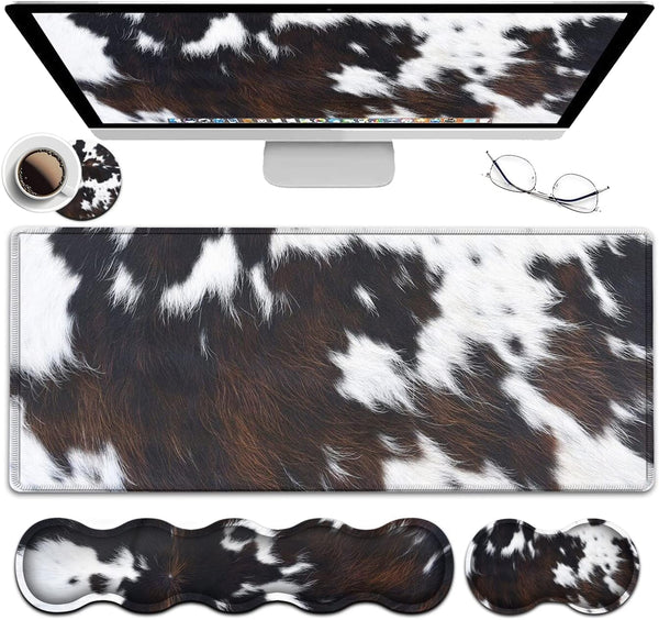 Gaming Mouse Pad XXL Large Desk, Cute Black Cowhide Extended Mousepad with Memory Foam Wrist Rest