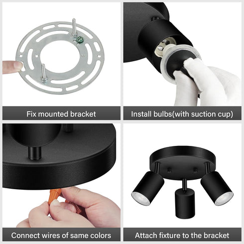 3 GU10 Bulb Light Track Lighting Fixtures Ceiling, Matte Black Round Directional Ceiling Spotlight, Flush Mount
