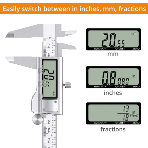 Neoteck 8 inch Digital Caliper, Stainless Electronic Measuring Tool with Fraction/Inch/Millimeter Conversion