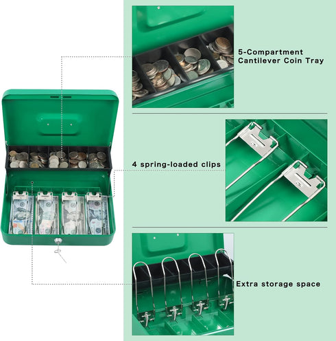 Lock,Tiered,4 5 Slots,11.8" 9.5" 3.5",Green xydled Cash Box with Money Tray and Key Bill / Coin x x