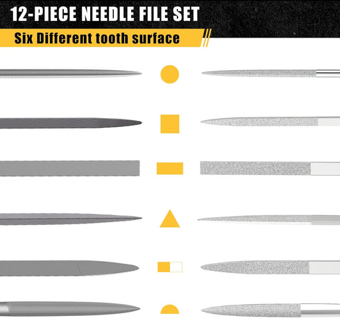 12PCS Needle File Set with Tool Bag, Small File Set includes 6 Jeweler Files & 6 Steel Files for Metal, Wood, Leather