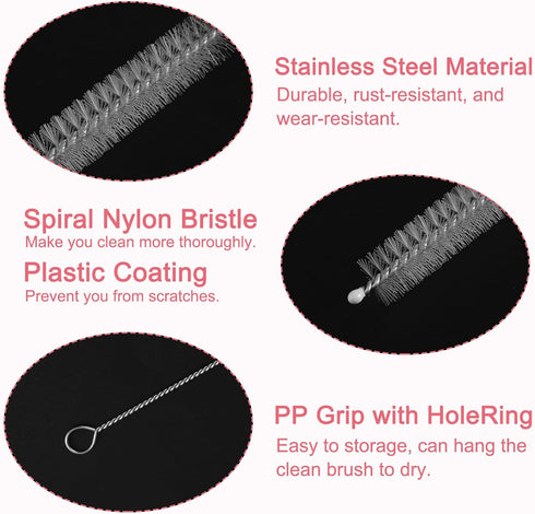 uxcell 10Pcs 8 Inch Straw Cleaner Brush, Stainless Steel Long Brush for Drinking Straw, Tube, Bottle, Cup, Clear