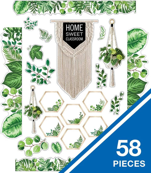 Schoolgirl Style Simply Boho Bulletin Board Set—Home Sweet Classroom Macrame Header, Leaf Border Trims, Hanging Planters, Assorted Leaves, Hexagon Cutouts (58 pc) by Schoolgirl Style